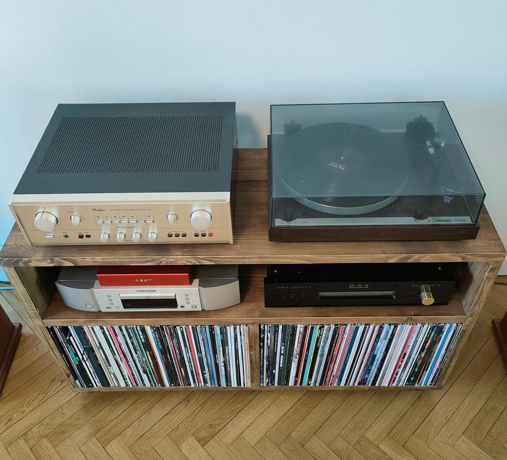 Meuble en bois pour tourne-disque et rangement vinyles – Design rétro en bois massif, idéal pour salon