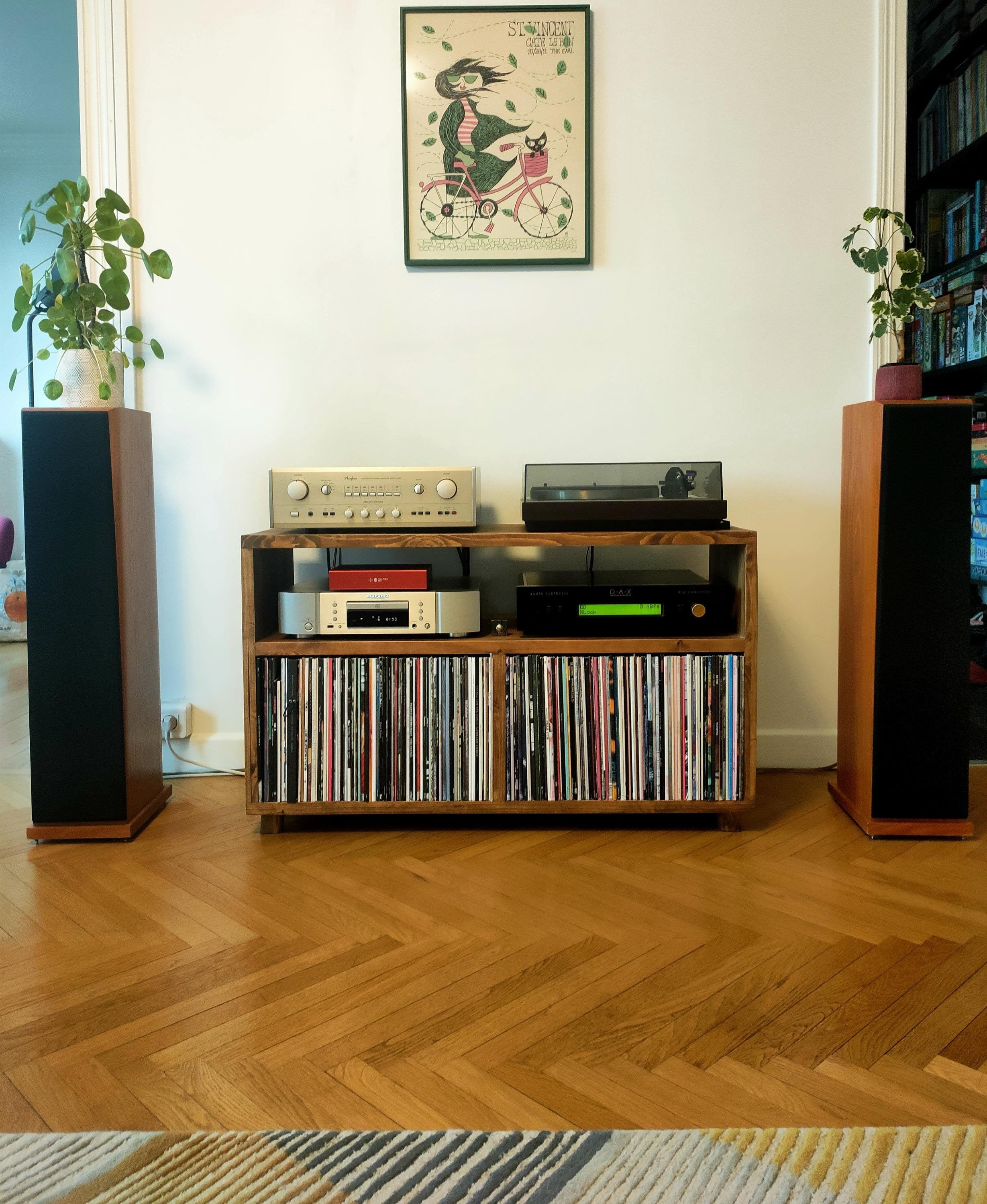 Meuble en bois pour tourne-disque et rangement vinyles – Design rétro en bois massif, idéal pour salon