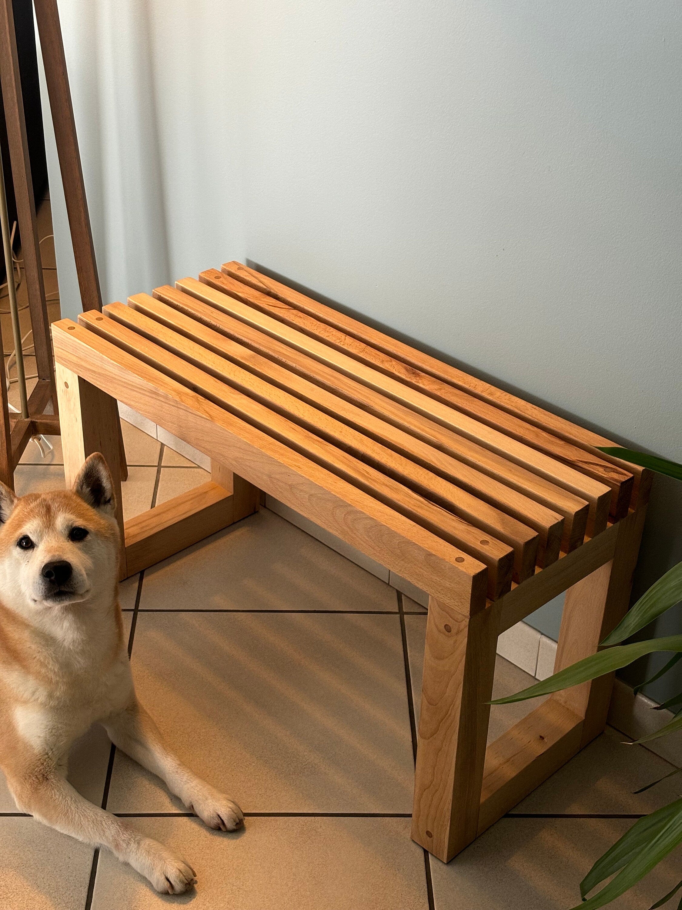 Banc de couloir en bois massif recyclé, meuble d'entrée en hêtre durable et élégant pour une ambiance chaleureuse.