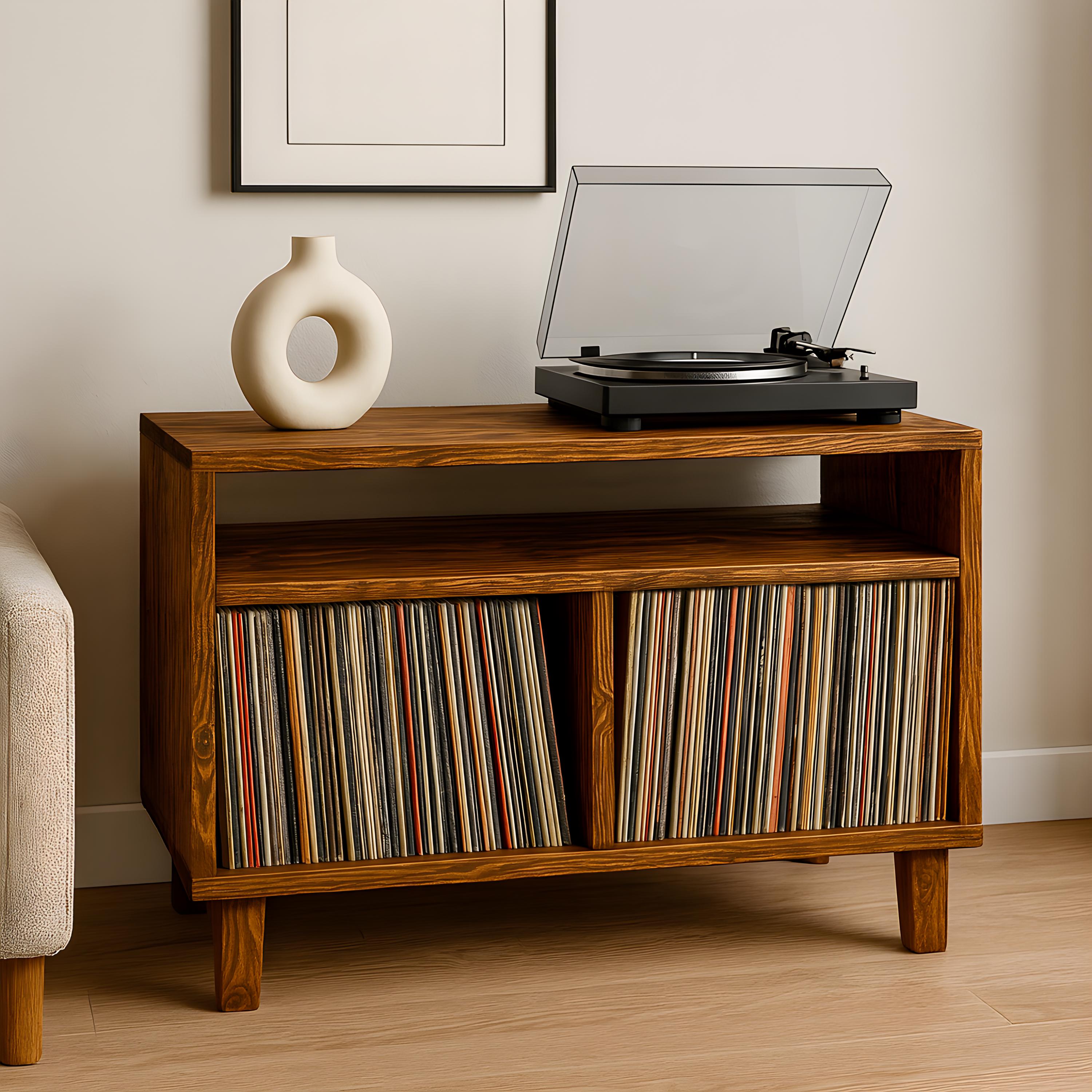Meuble en bois pour tourne-disque et rangement vinyles – Design rétro en bois massif, idéal pour salon
