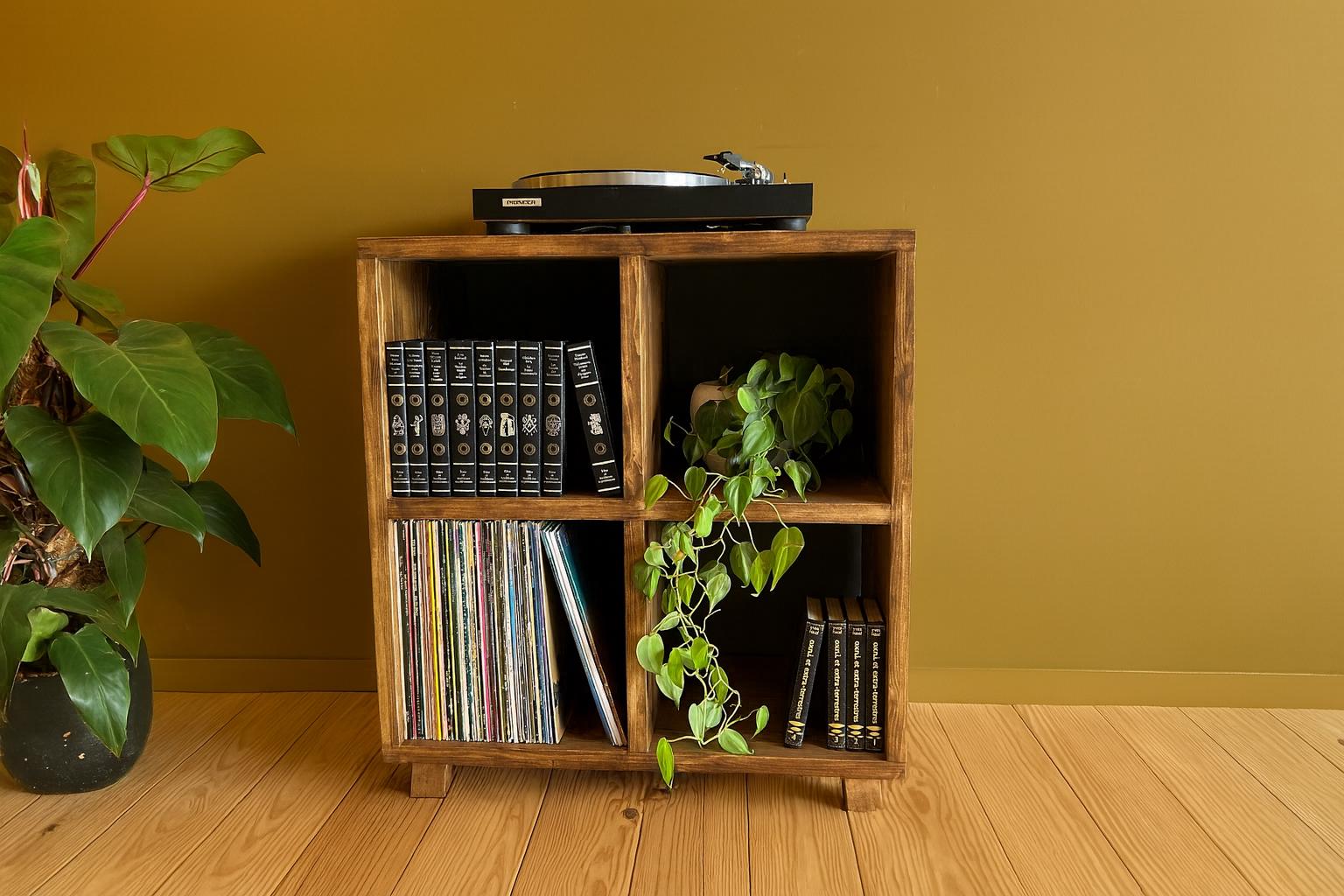 Meuble en bois massif vintage – Rangement vinyles, livres et déco – Étagère rétro pour salon
