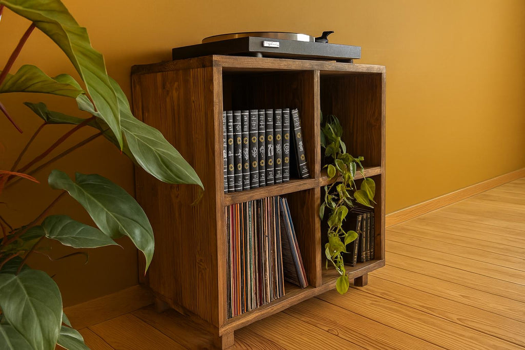 Meuble en bois massif vintage – Rangement vinyles, livres et déco – Étagère rétro pour salon