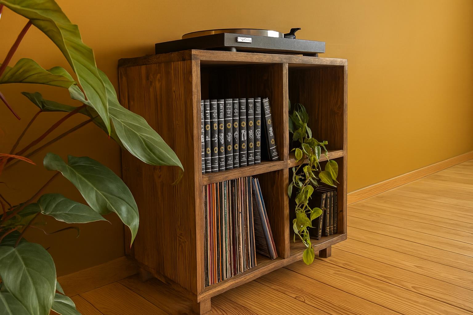 Meuble en bois massif vintage – Rangement vinyles, livres et déco – Étagère rétro pour salon