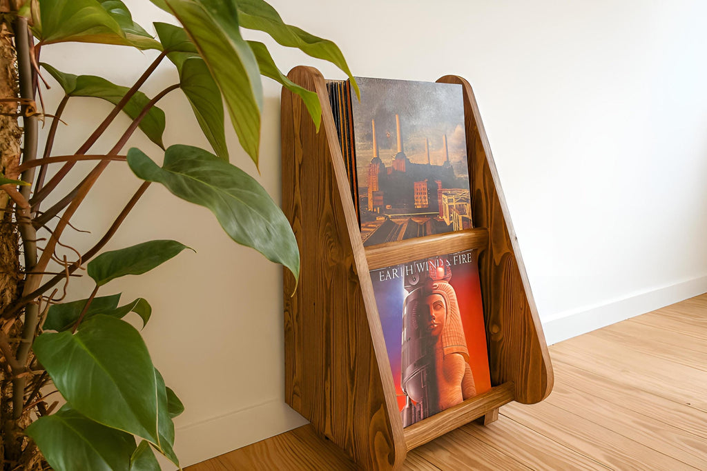 Rangement vinyle en bois recyclé fait main – Meuble artisanal pour disques