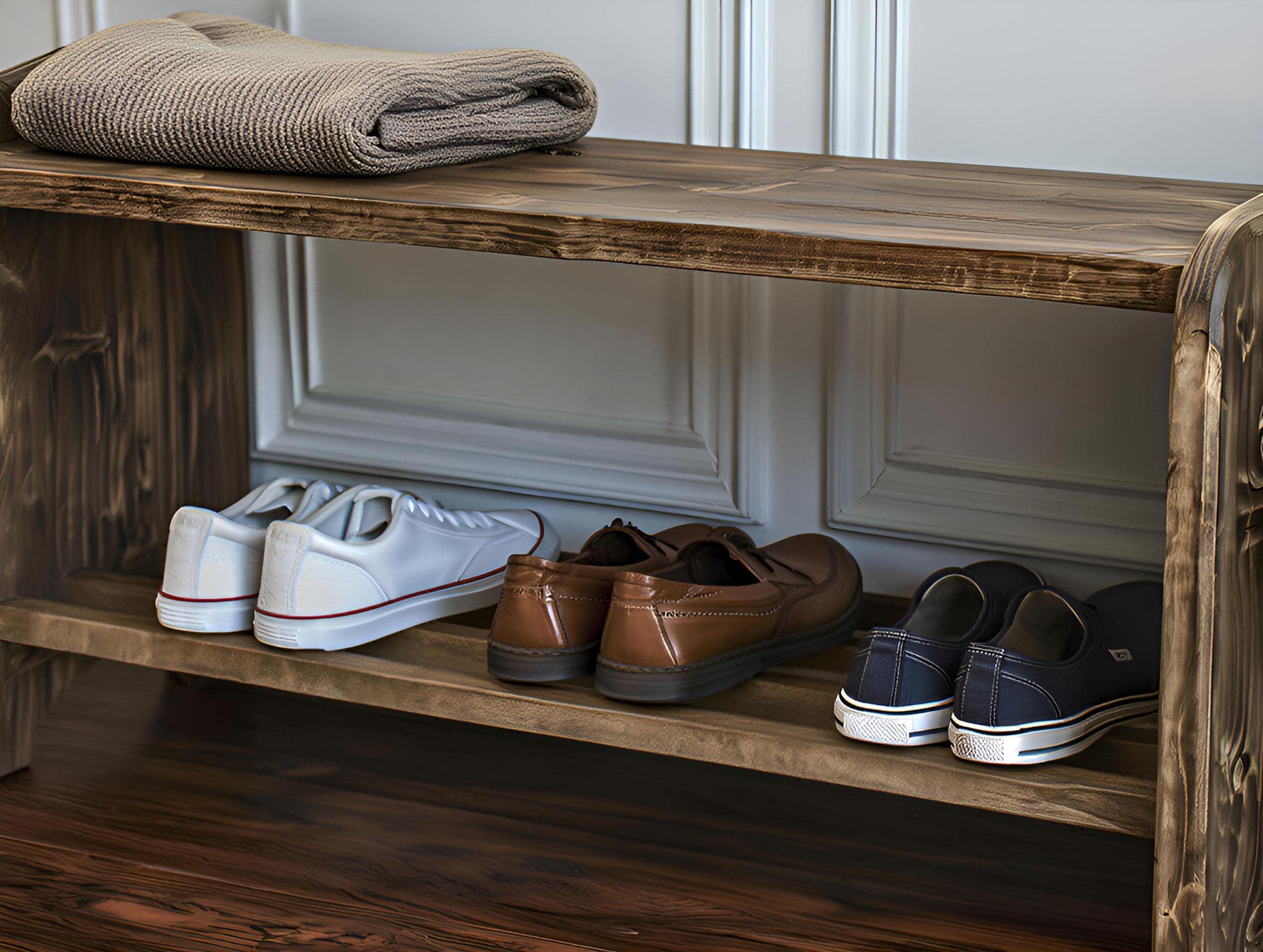 Banc à chaussures en bois massif avec étagère – Meuble d’entrée pratique et décoratif – Rangement chaussures artisanal