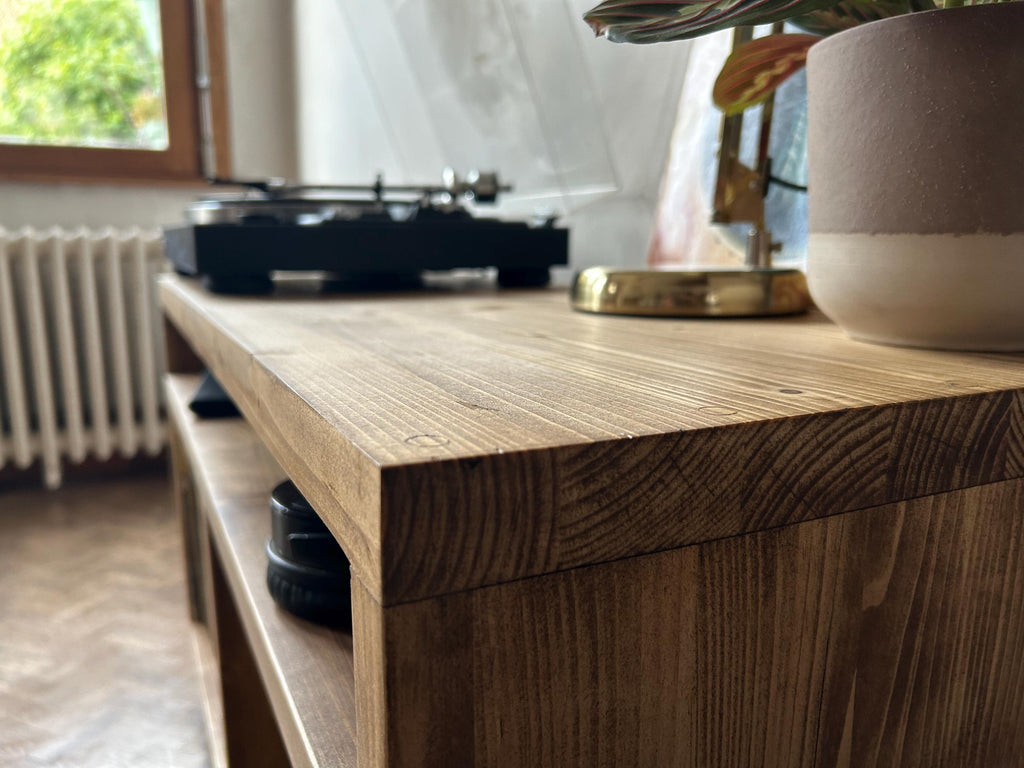 Meuble en bois pour tourne-disque et rangement vinyles – Design rétro en bois massif, idéal pour salon