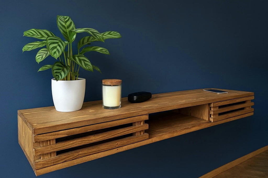 Console murale flottante en bois recyclé | Meuble d’entrée fait main | Console design minimaliste | Décoration éco-responsable scandinave