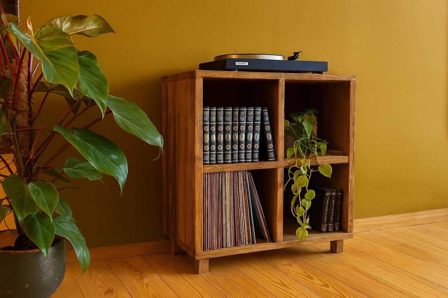 Meuble en bois massif vintage – Rangement vinyles, livres et déco – Étagère rétro pour salon