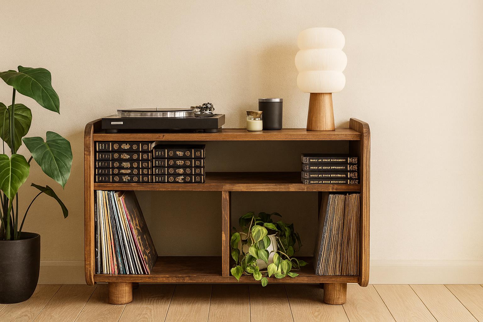 Meuble vinyles en bois massif – Rangement élégant et pratique pour tourne-disque