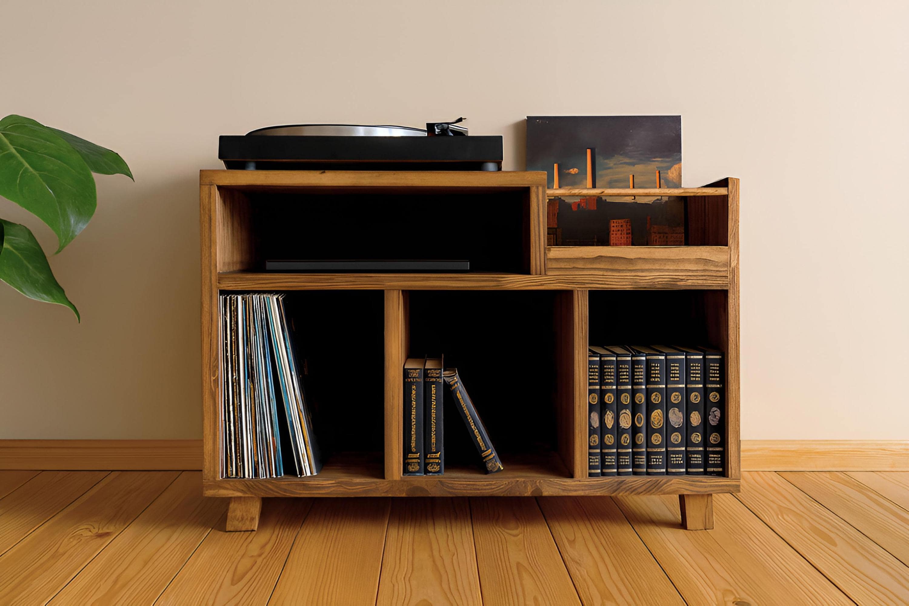 Meuble hi-fi artisanal  – Meuble de rangement en bois massif – Bibliothèque vinyles et livres