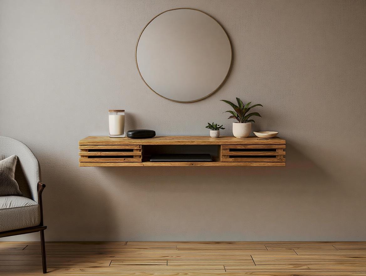 Console murale flottante en bois recyclé | Meuble d’entrée fait main | Console design minimaliste | Décoration éco-responsable scandinave
