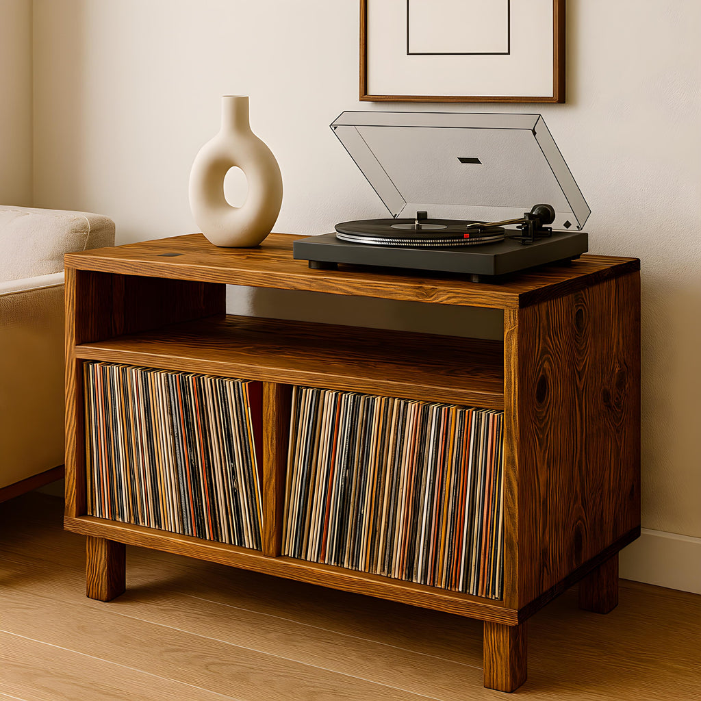 Meuble en bois pour tourne-disque et rangement vinyles – Design rétro en bois massif, idéal pour salon
