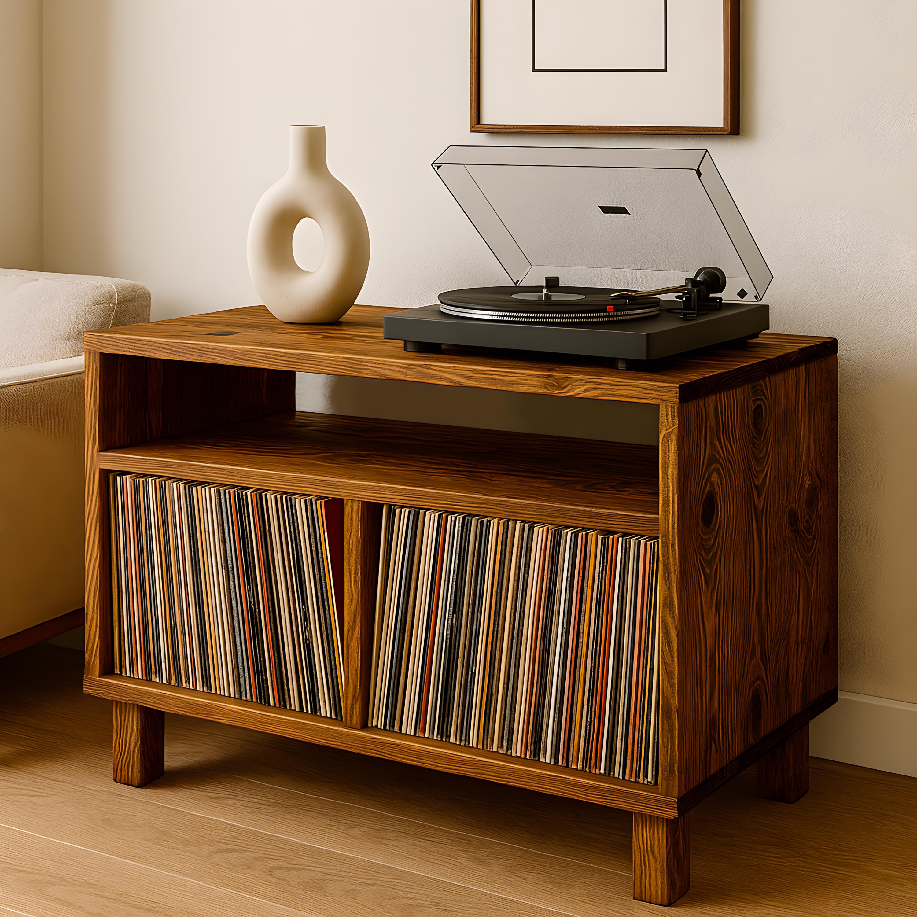Meuble en bois pour tourne-disque et rangement vinyles – Design rétro en bois massif, idéal pour salon