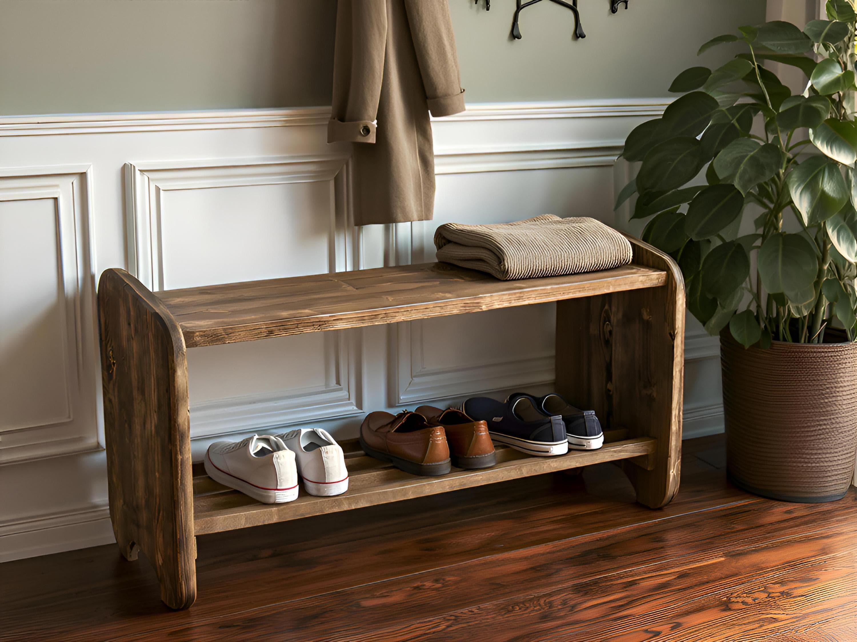 Banc à chaussures en bois massif avec étagère – Meuble d’entrée pratique et décoratif – Rangement chaussures artisanal
