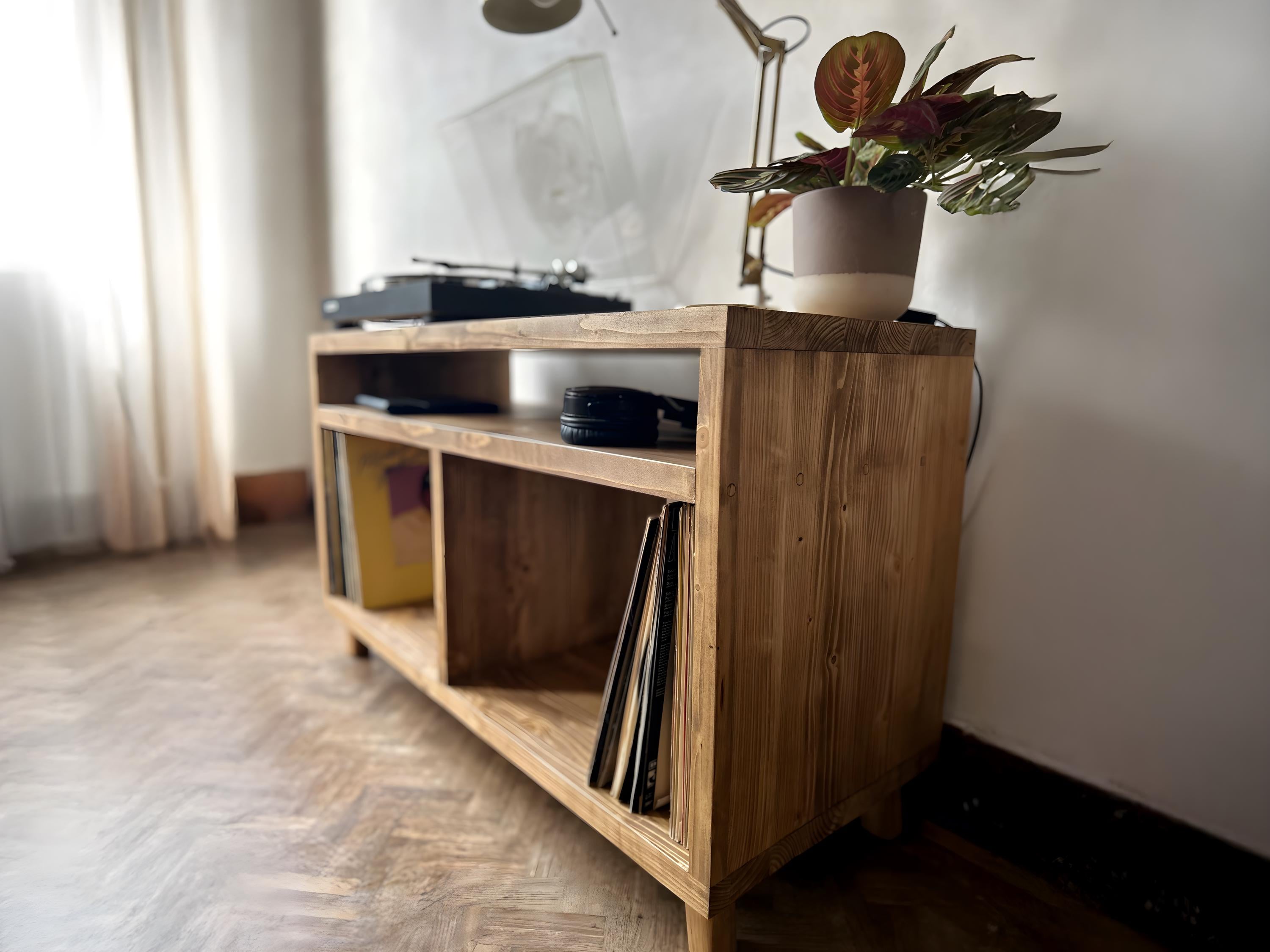 Meuble en bois pour tourne-disque et rangement vinyles – Design rétro en bois massif, idéal pour salon