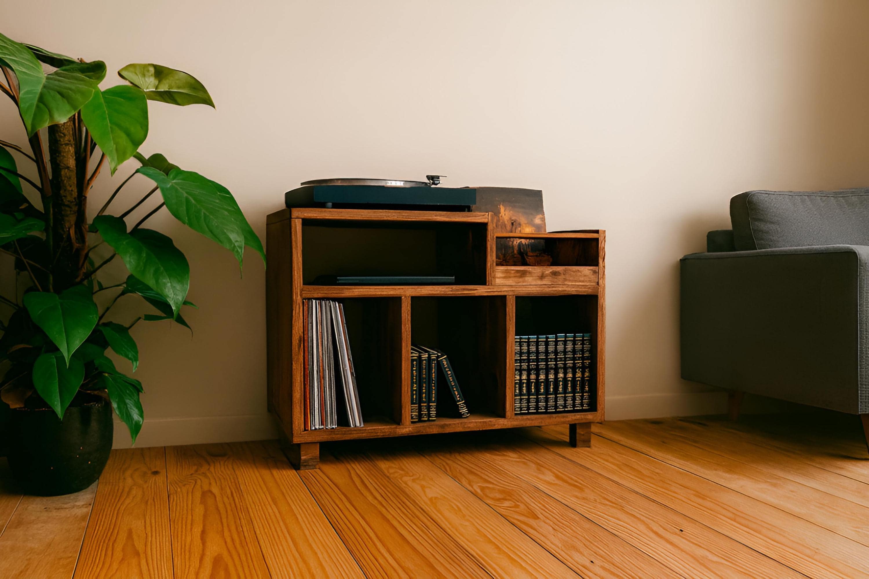 Meuble hi-fi artisanal  – Meuble de rangement en bois massif – Bibliothèque vinyles et livres