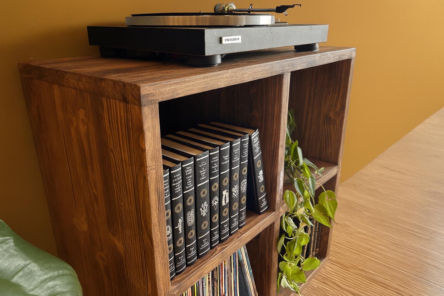 Meuble en bois massif vintage – Rangement vinyles, livres et déco – Étagère rétro pour salon